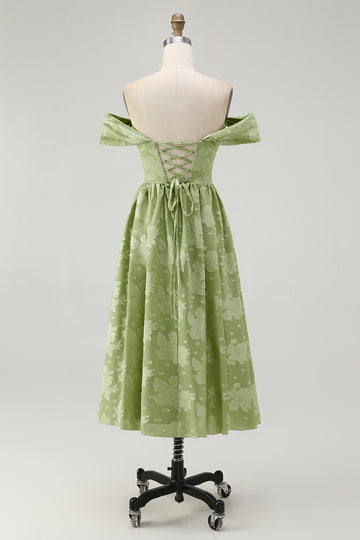 Sage Green Floral A Line Off The Shoulder Midi Bridesmaid Dress